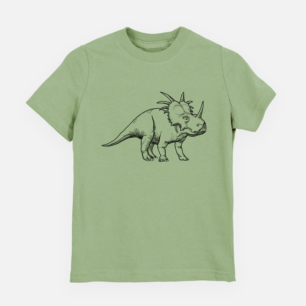 Sage green youth t-shirt laid flat, printed with a black ink illustration of a Styracosaurus with its spiked frill.