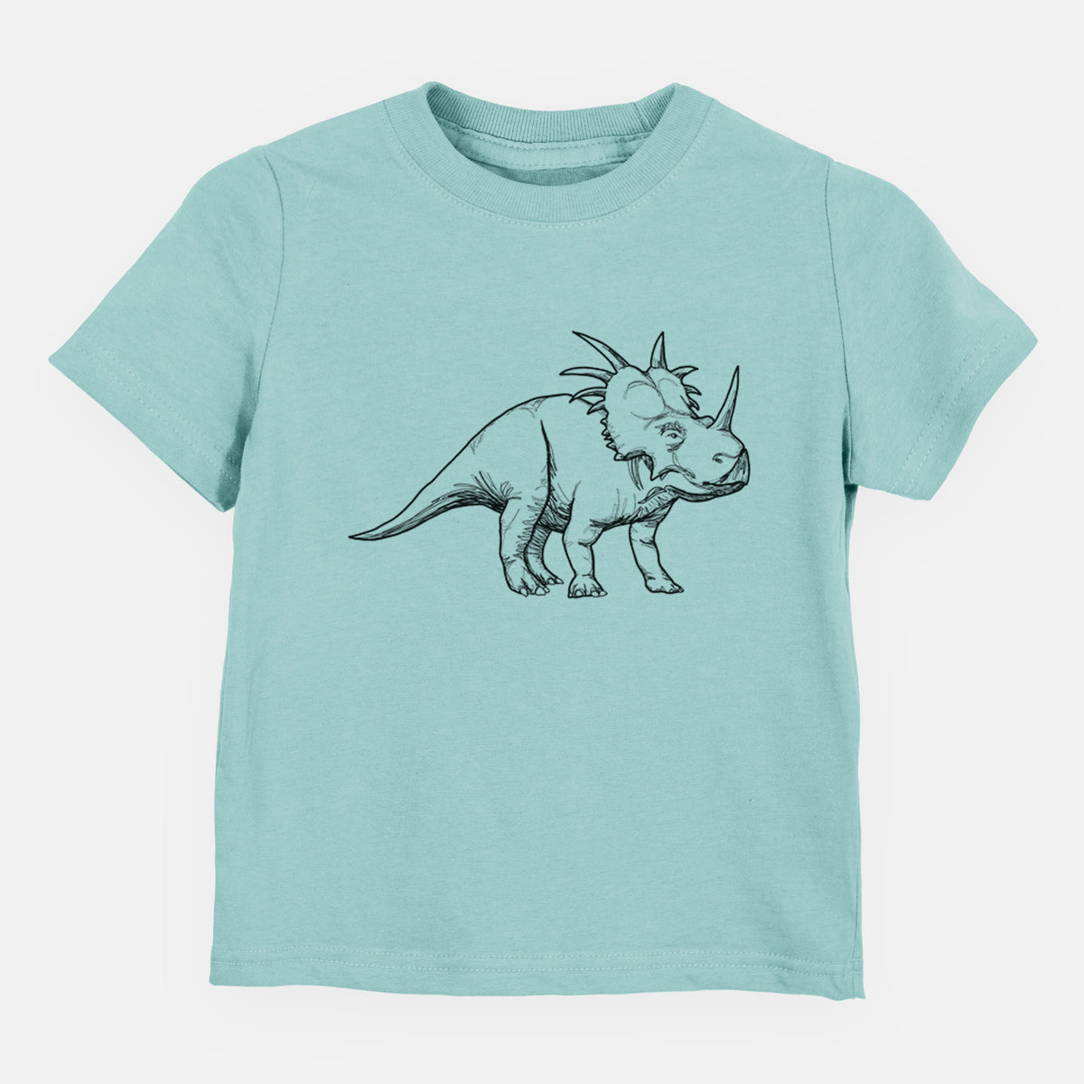 Saltwater toddler t-shirt laid flat, printed with a black ink illustration of a Styracosaurus with its spiked frill.