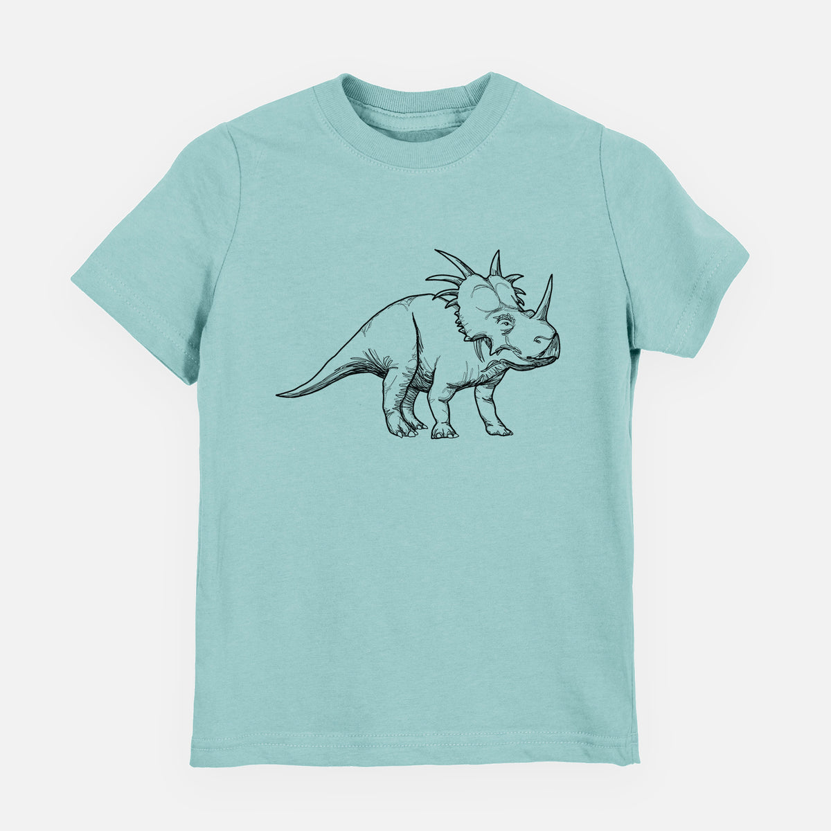 Saltwater youth t-shirt laid flat, printed with a black ink illustration of a Styracosaurus with its spiked frill.