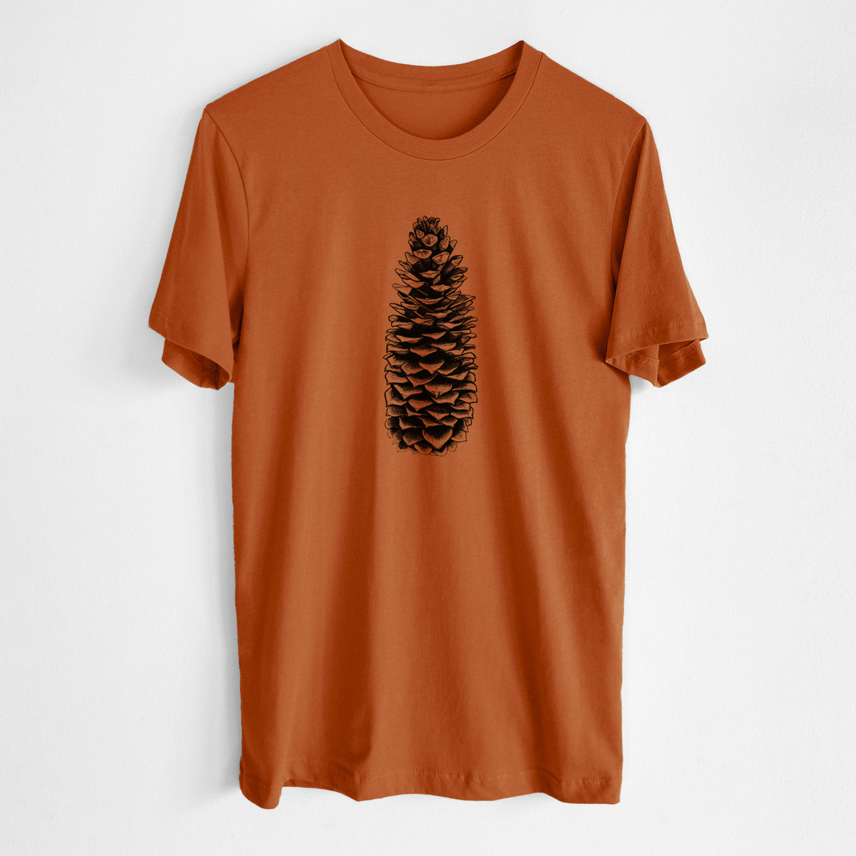 Autumn lightweight cotton t-shirt laid flat, printed with a detailed black ink illustration of a long sugar pine cone.