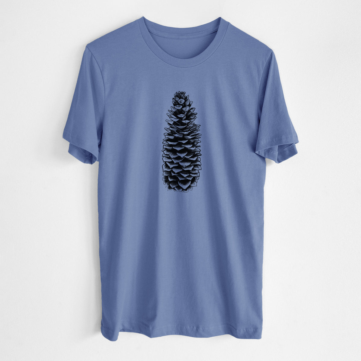 Blue bell lightweight cotton t-shirt laid flat, printed with a detailed black ink illustration of a long sugar pine cone.