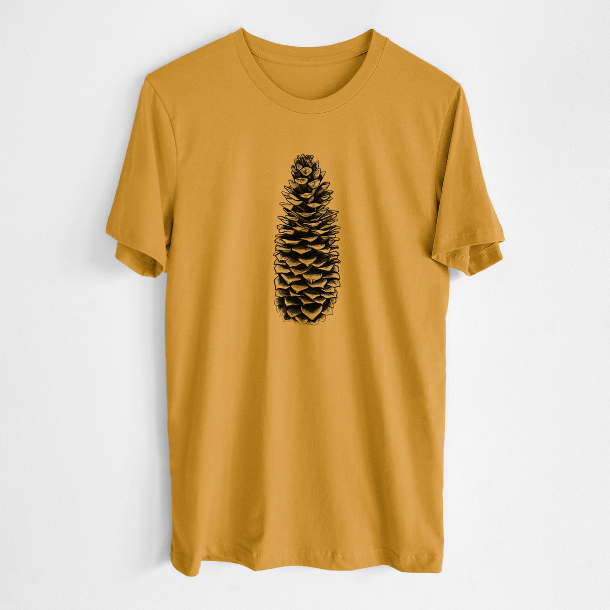 Honeycomb yellow lightweight cotton t-shirt laid flat, printed with a detailed black ink illustration of a long sugar pine cone.