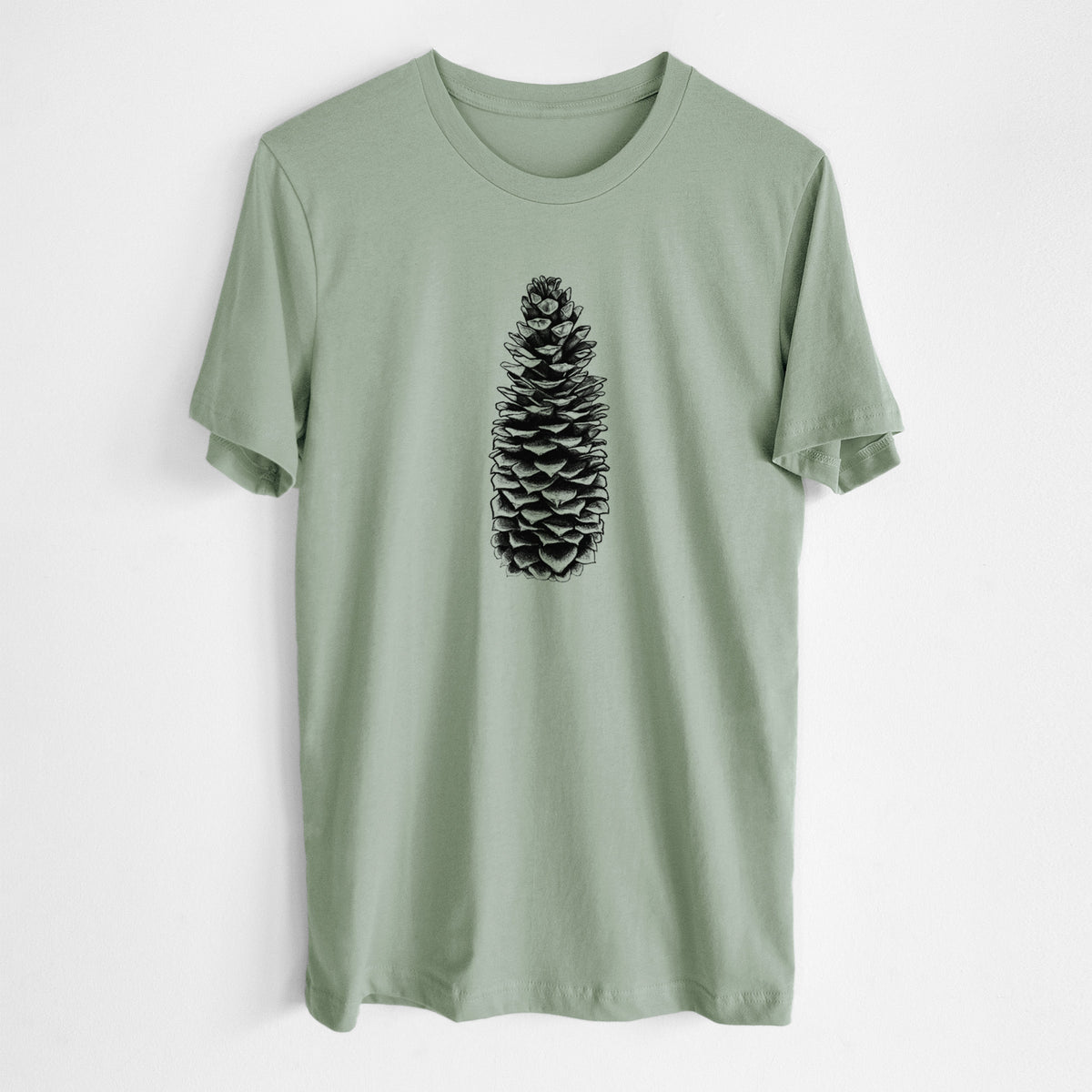Sage green lightweight cotton t-shirt laid flat, printed with a detailed black ink illustration of a long sugar pine cone.