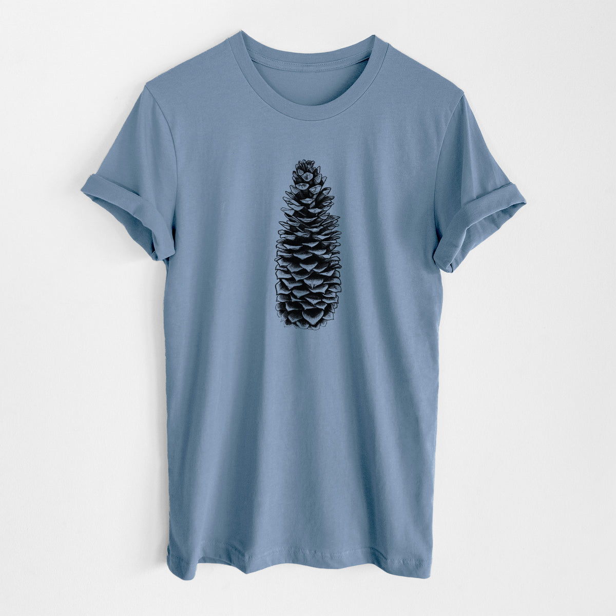 Steel blue lightweight cotton t-shirt laid flat, printed with a detailed black ink illustration of a long sugar pine cone.