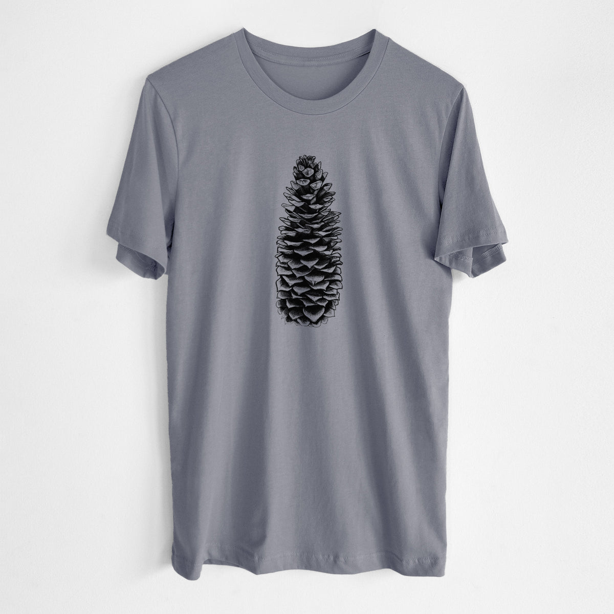 Storm grey lightweight cotton t-shirt laid flat, printed with a detailed black ink illustration of a long sugar pine cone.