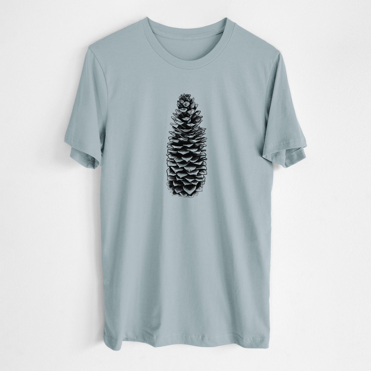 Vintage denim lightweight cotton t-shirt laid flat, printed with a detailed black ink illustration of a long sugar pine cone.