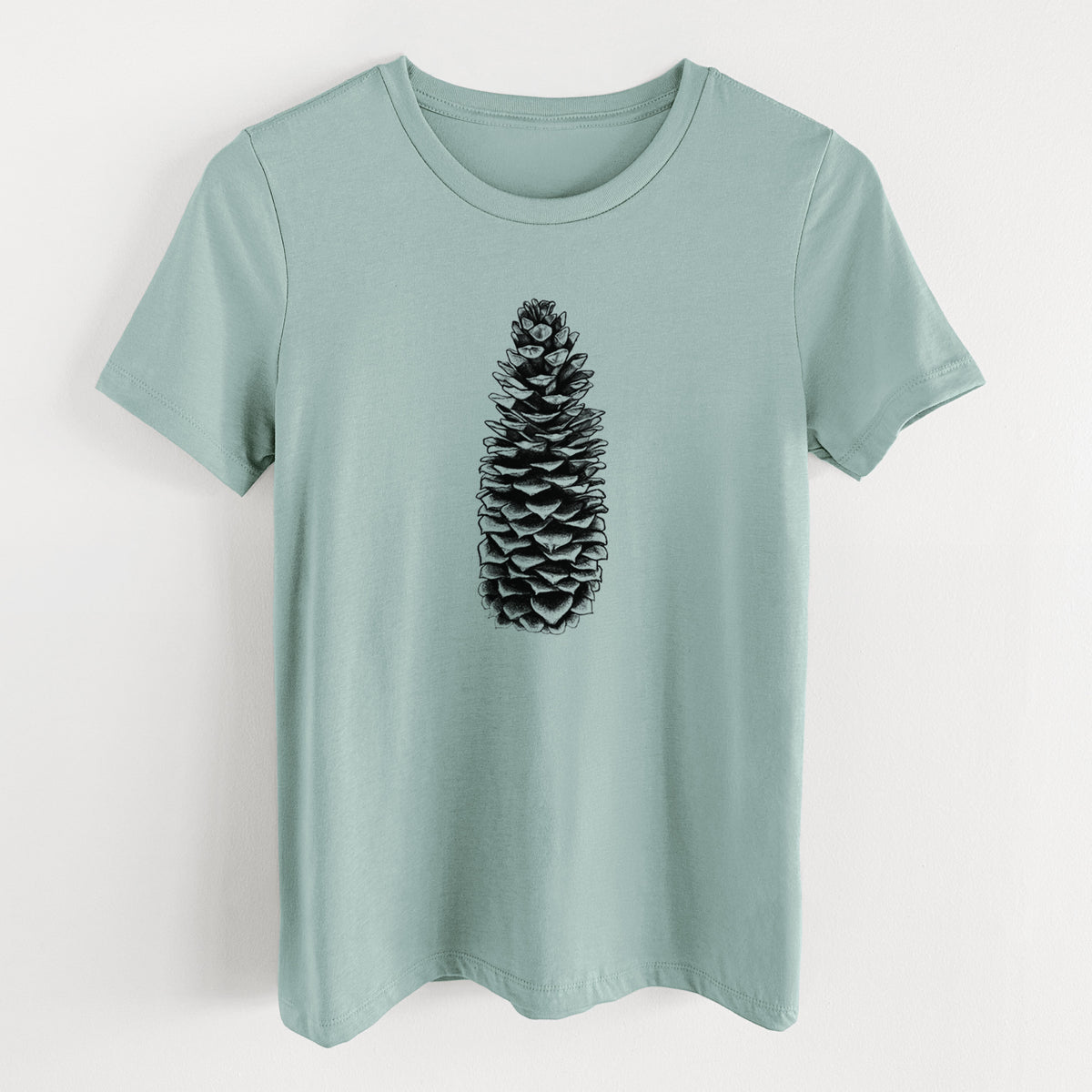 Dusty blue women's relaxed fit cotton t-shirt laid flat, printed with a detailed black ink illustration of a long sugar pine cone.