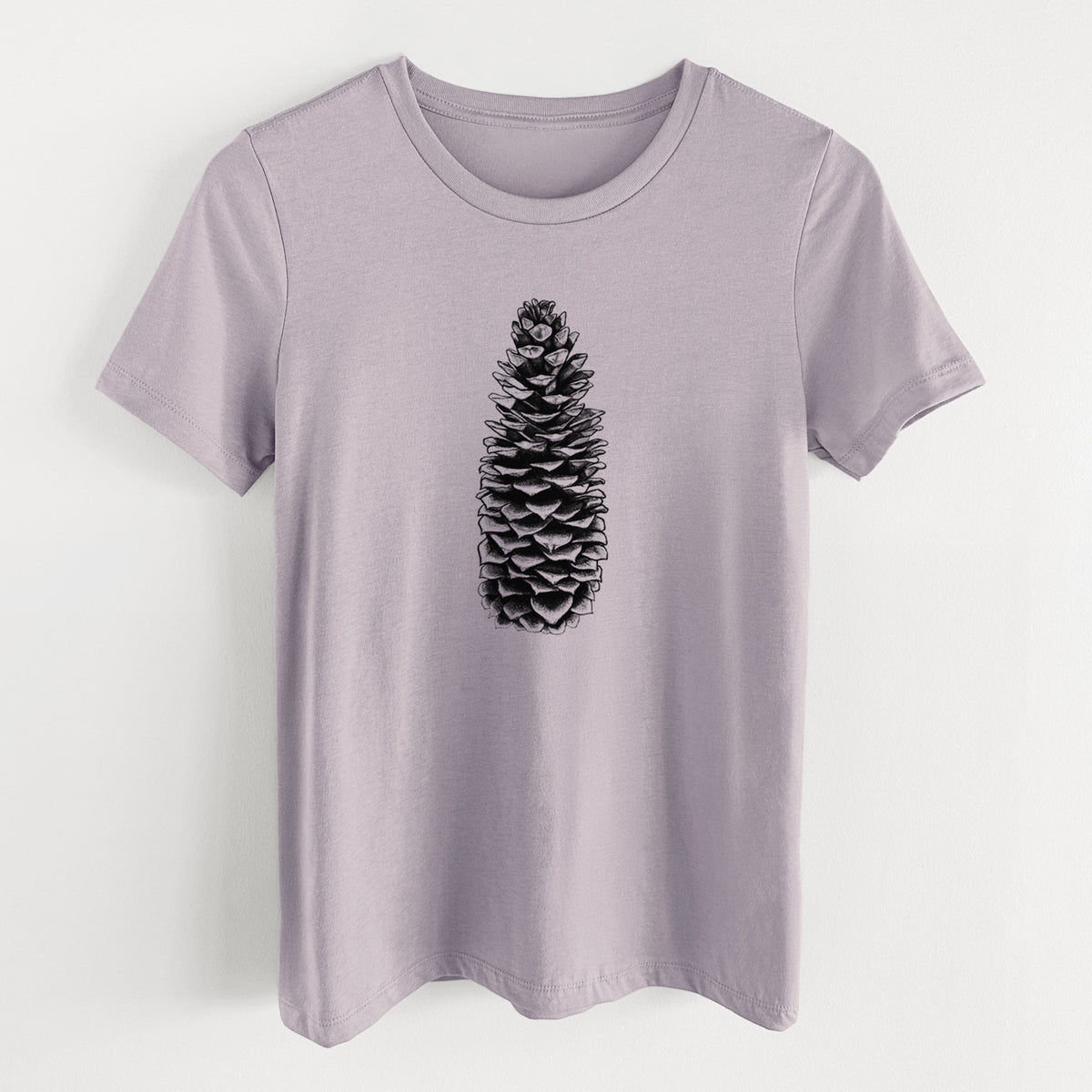 Light violet women's relaxed fit cotton t-shirt laid flat, printed with a detailed black ink illustration of a long sugar pine cone.