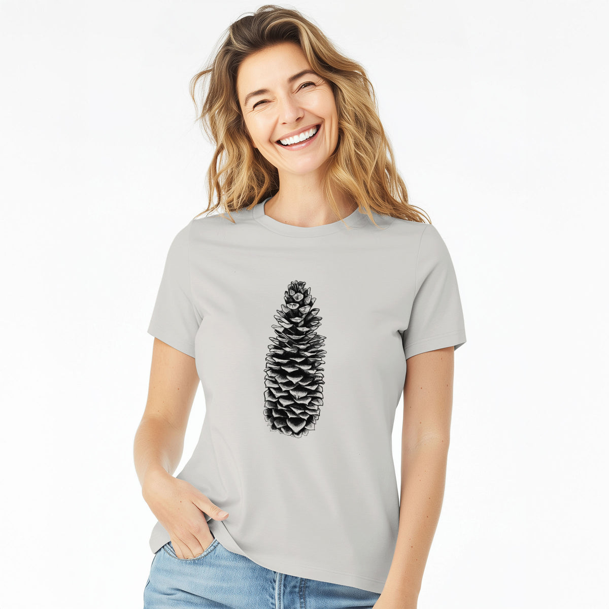 Woman wearing a lunar grey women's relaxed fit cotton t-shirt printed with a detailed black ink illustration of a long sugar pine cone.