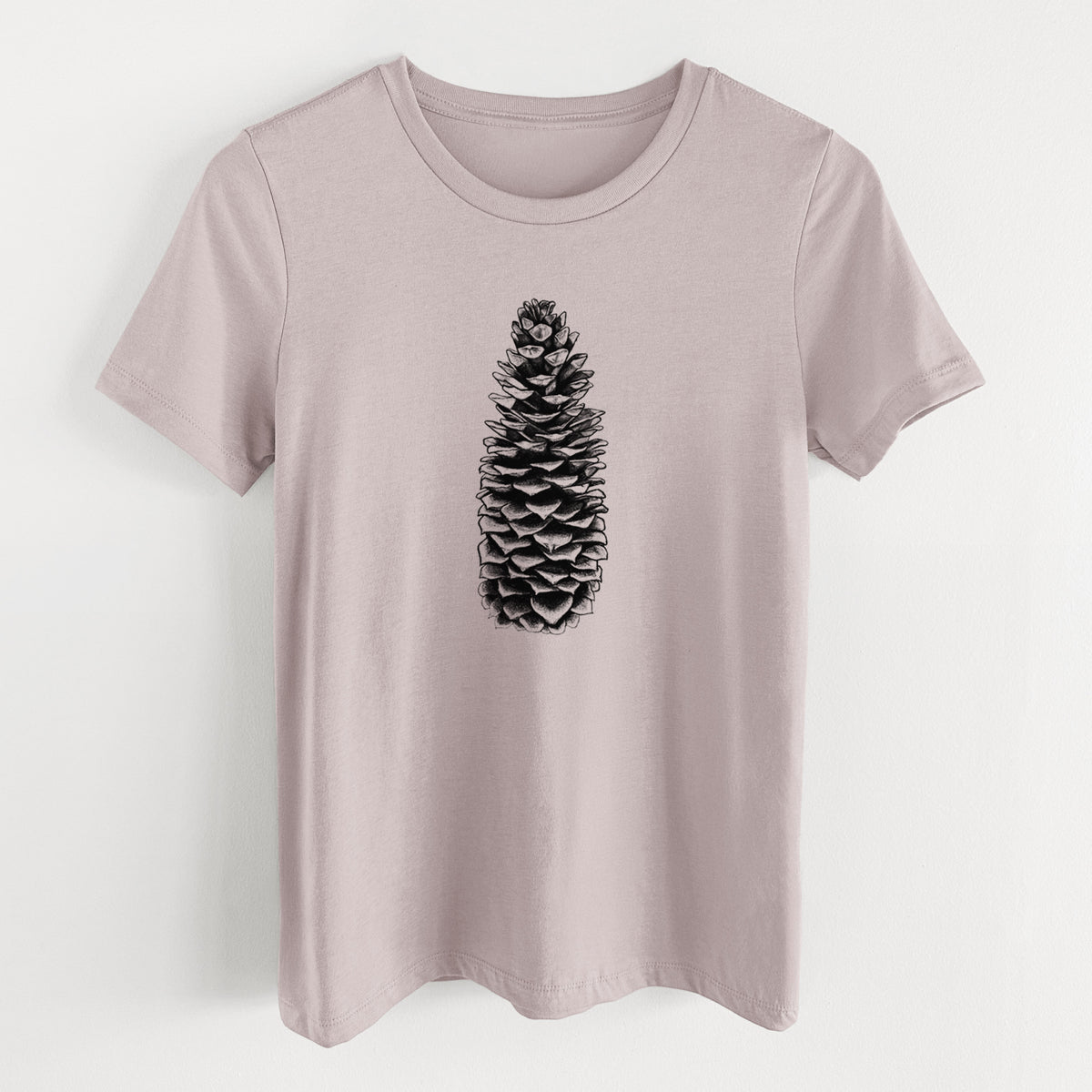 Pink gravel women's relaxed fit cotton t-shirt laid flat, printed with a detailed black ink illustration of a long sugar pine cone.