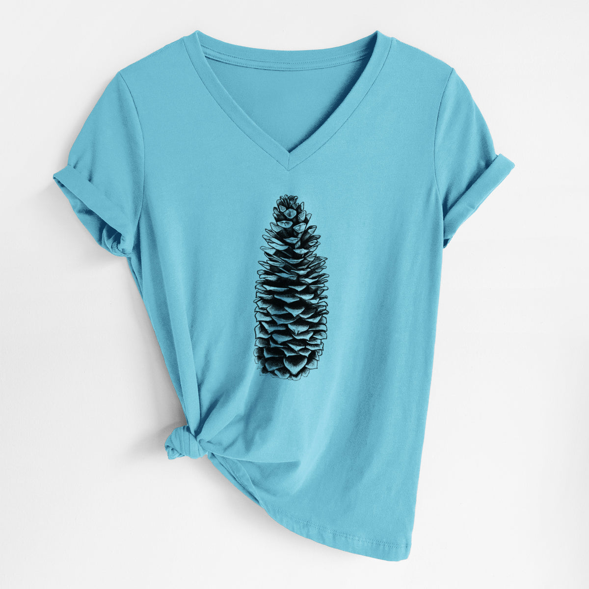 Turquoise women's relaxed fit cotton V-neck t-shirt laid flat, printed with a detailed black ink illustration of a long sugar pine cone.