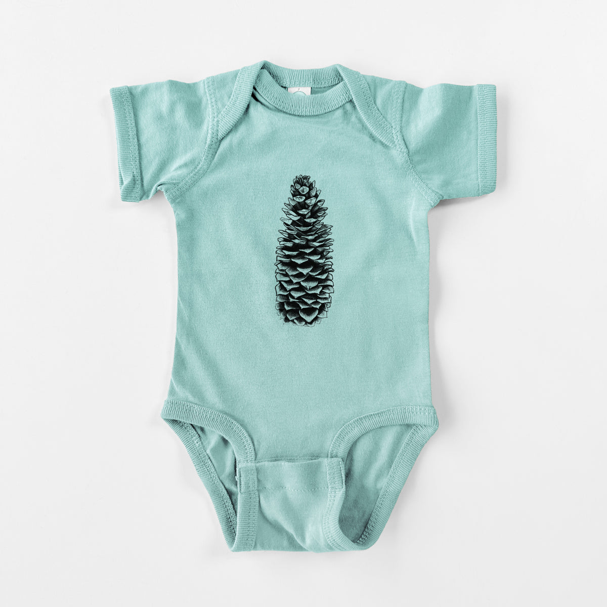 Saltwater baby bodysuit laid flat, printed with a detailed black ink illustration of a long sugar pine cone.