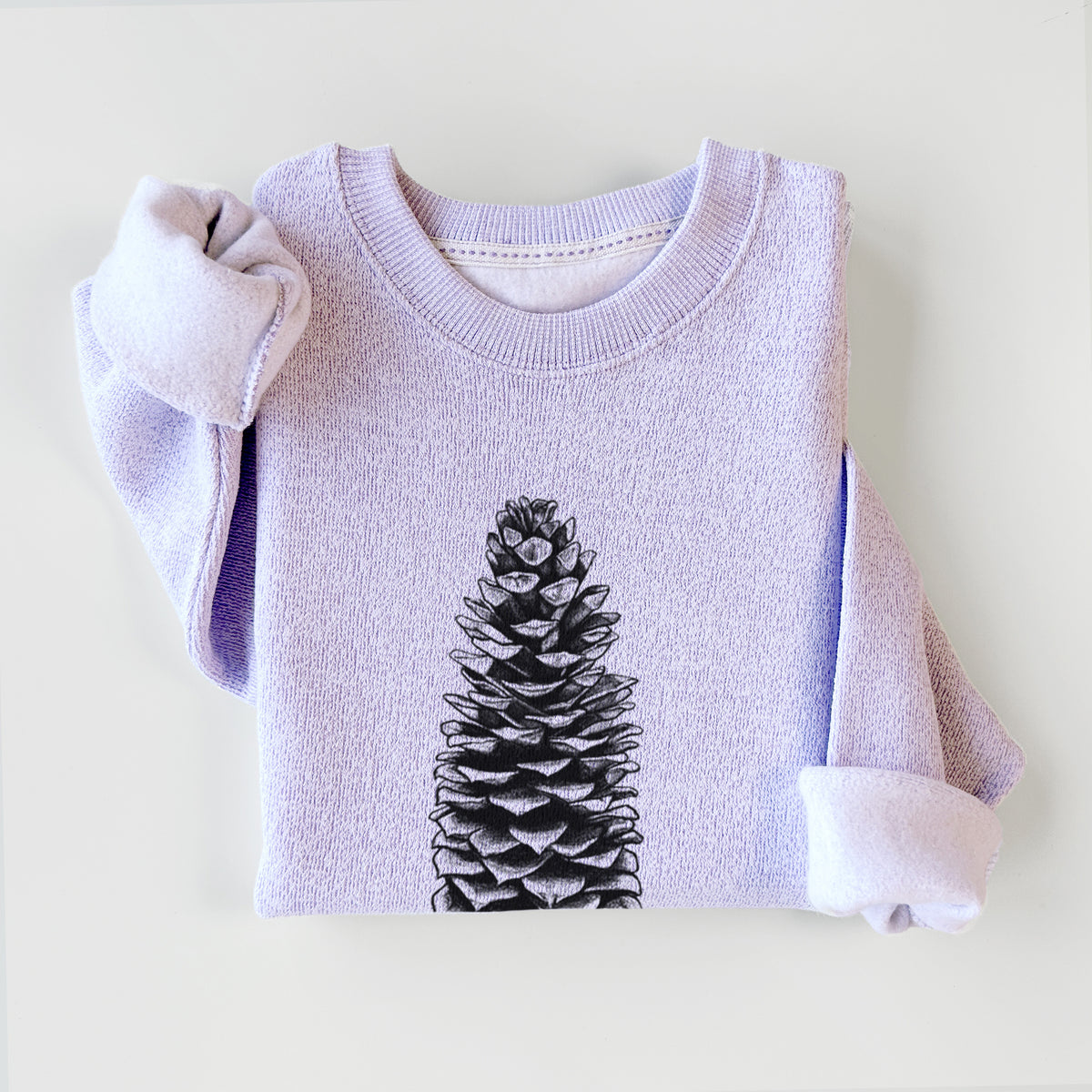 Ice purple knit sweatshirt printed with a detailed black ink illustration of a long sugar pine cone, styled flat.