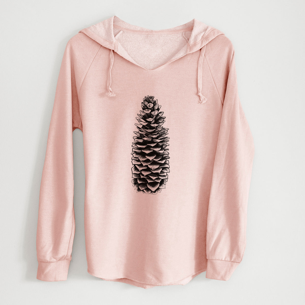 Blush pink women's Cali Wave hooded sweatshirt laid flat, printed with a detailed black ink illustration of a long sugar pine cone.