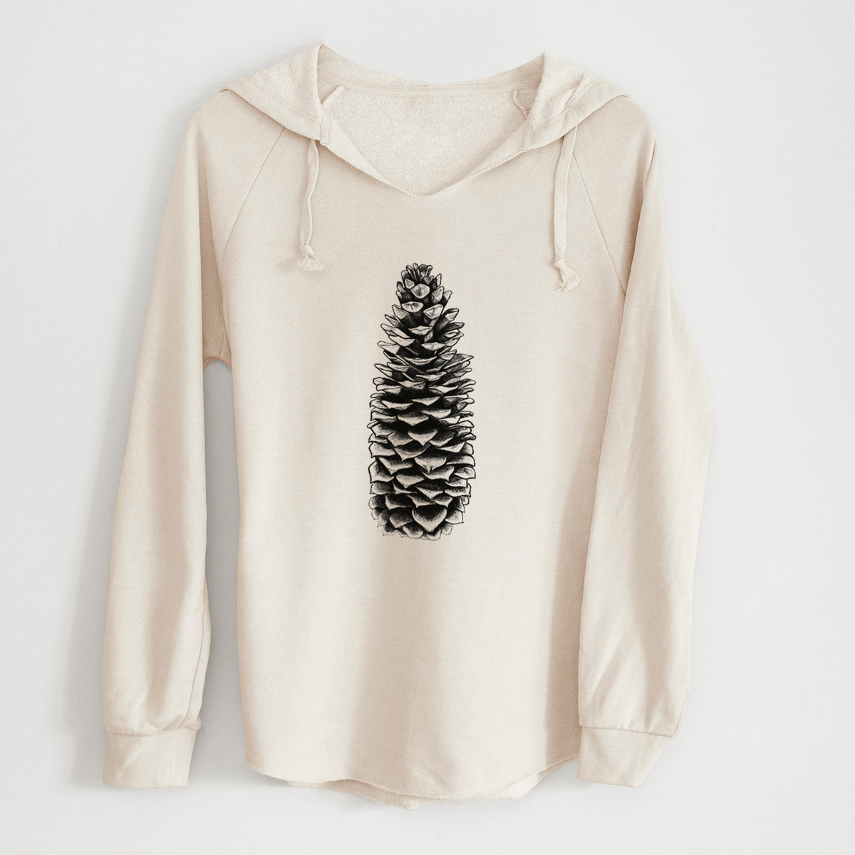 Bone cream women's Cali Wave hooded sweatshirt laid flat, printed with a detailed black ink illustration of a long sugar pine cone.