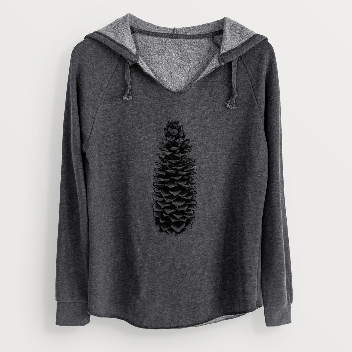 Charcoal grey women's Cali Wave hooded sweatshirt laid flat, printed with a detailed black ink illustration of a long sugar pine cone.