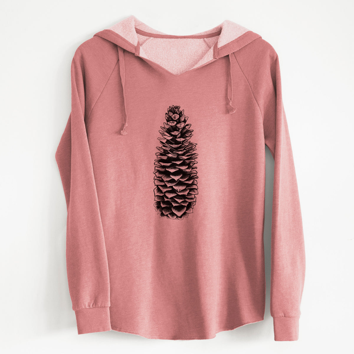 Dusty rose women's Cali Wave hooded sweatshirt laid flat, printed with a detailed black ink illustration of a long sugar pine cone.