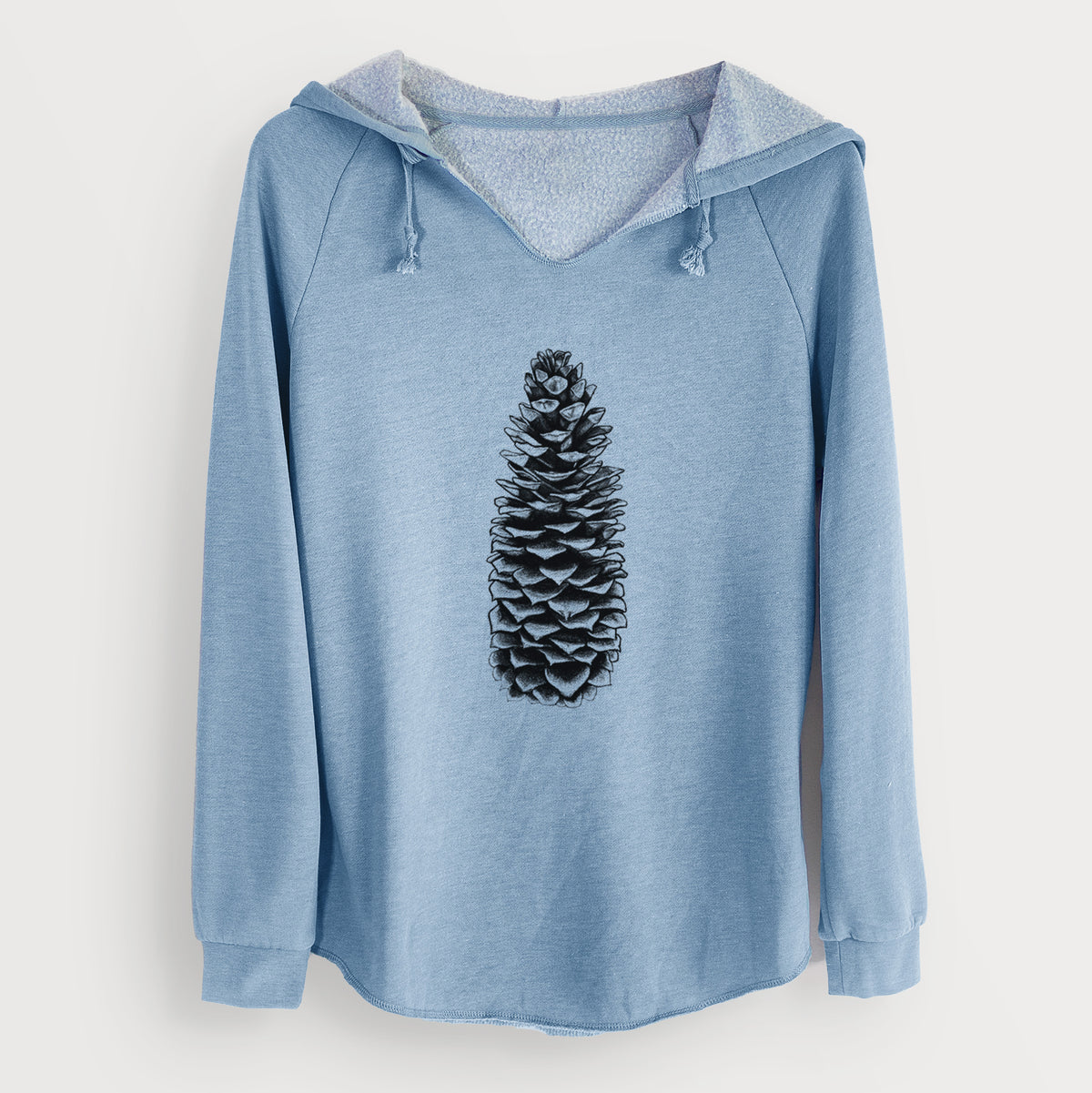 Misty blue women's Cali Wave hooded sweatshirt laid flat, printed with a detailed black ink illustration of a long sugar pine cone.