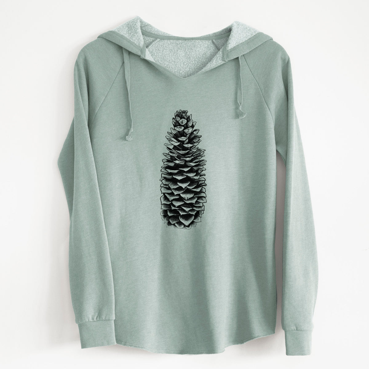 Sage green women's Cali Wave hooded sweatshirt laid flat, printed with a detailed black ink illustration of a long sugar pine cone.