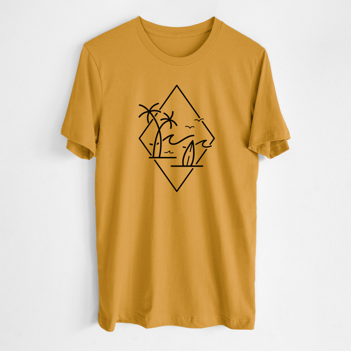Honeycomb yellow lightweight cotton t-shirt laid flat, printed with black line art of palm trees, ocean waves, birds and a surfboard inside a diamond outline.