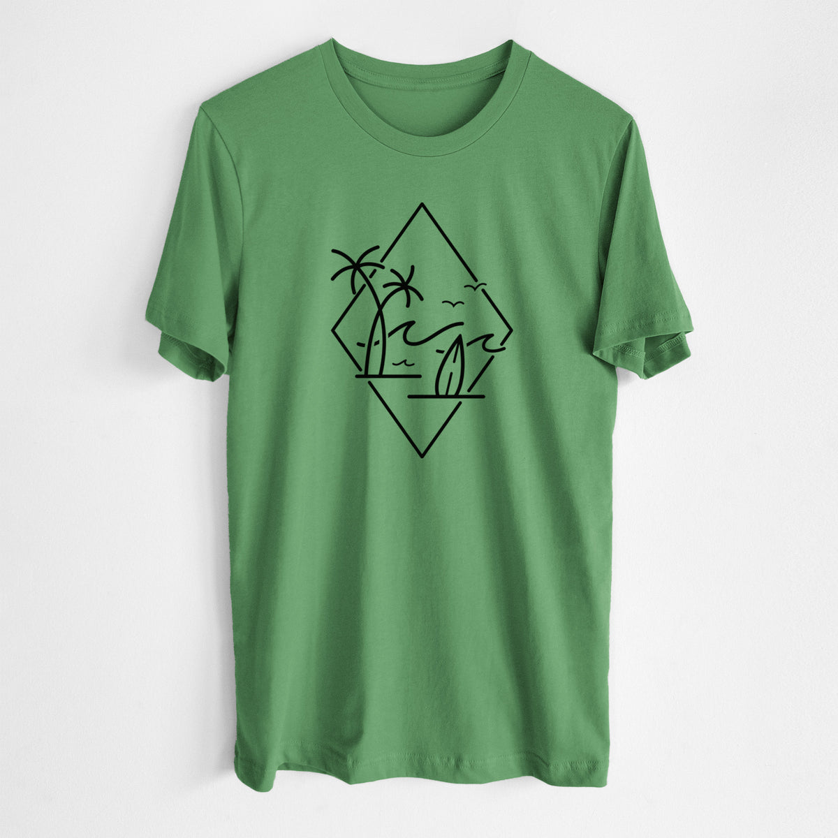 Leaf green lightweight cotton t-shirt laid flat, printed with black line art of palm trees, ocean waves, birds and a surfboard inside a diamond outline.