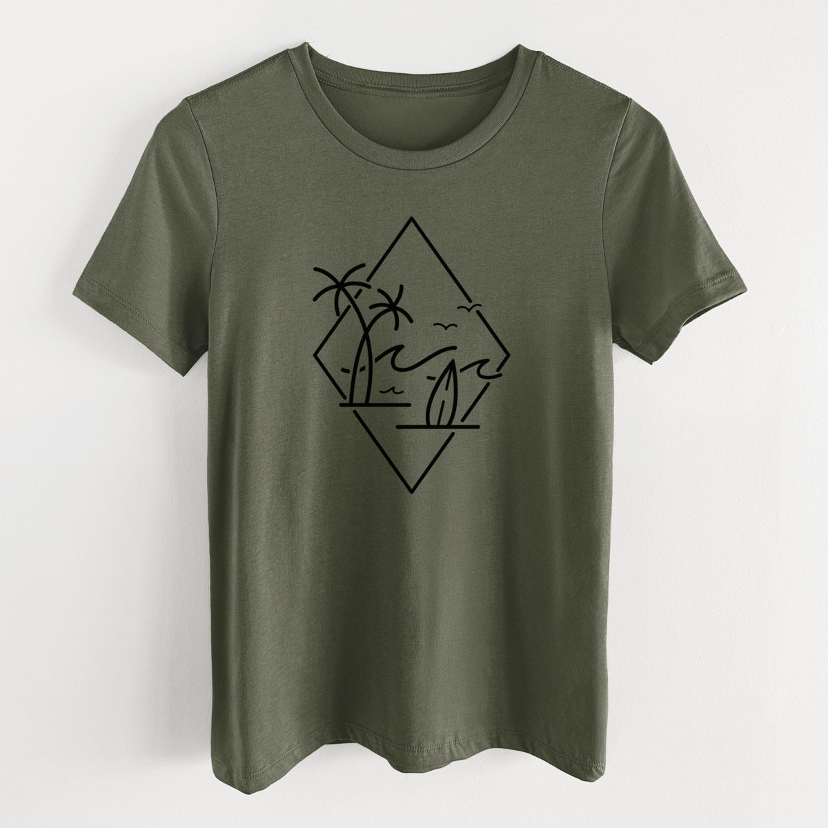 Military green women's relaxed fit cotton t-shirt laid flat, printed with black line art of palm trees, ocean waves, birds and a surfboard inside a diamond outline.