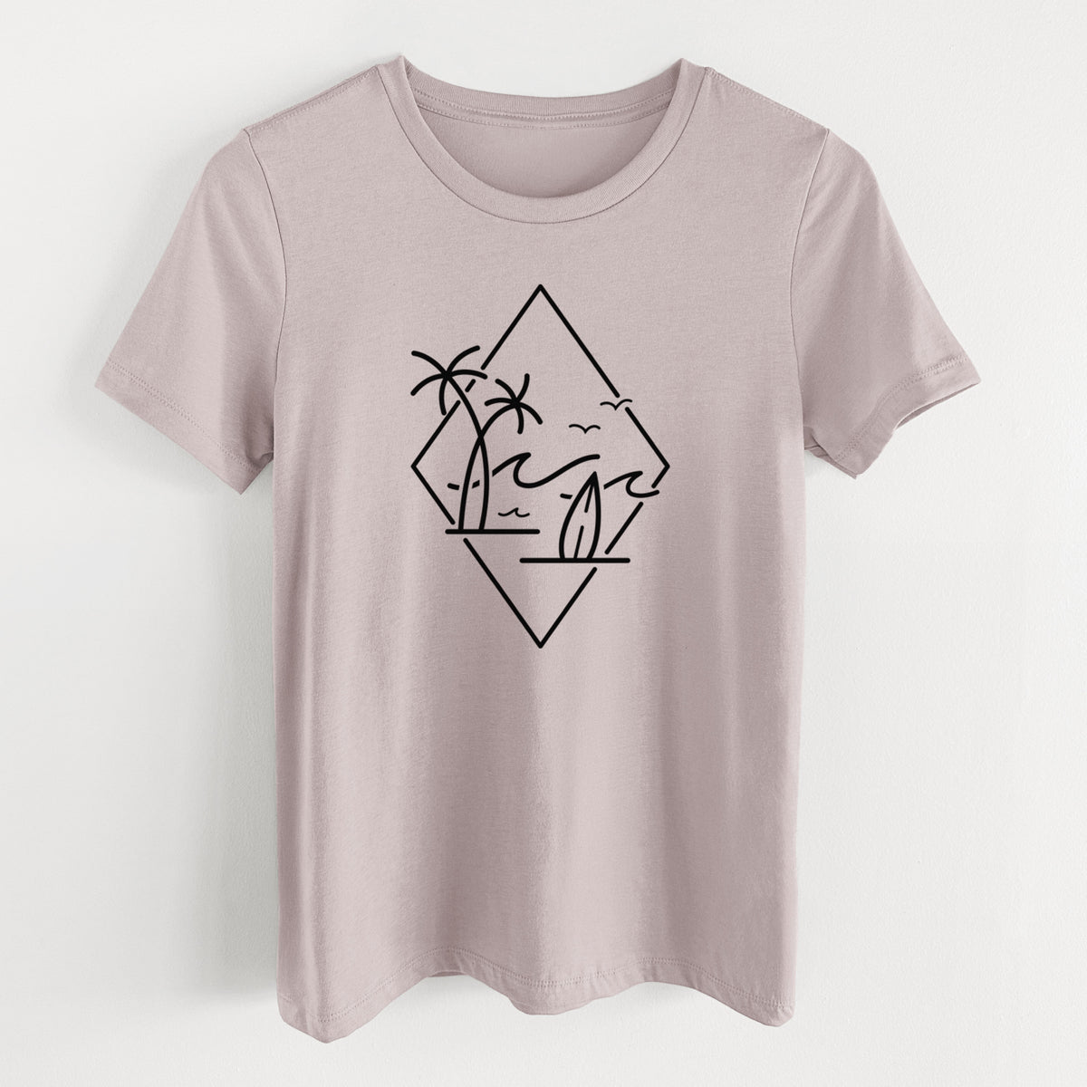 Pink gravel women's relaxed fit cotton t-shirt laid flat, printed with black line art of palm trees, ocean waves, birds and a surfboard inside a diamond outline.