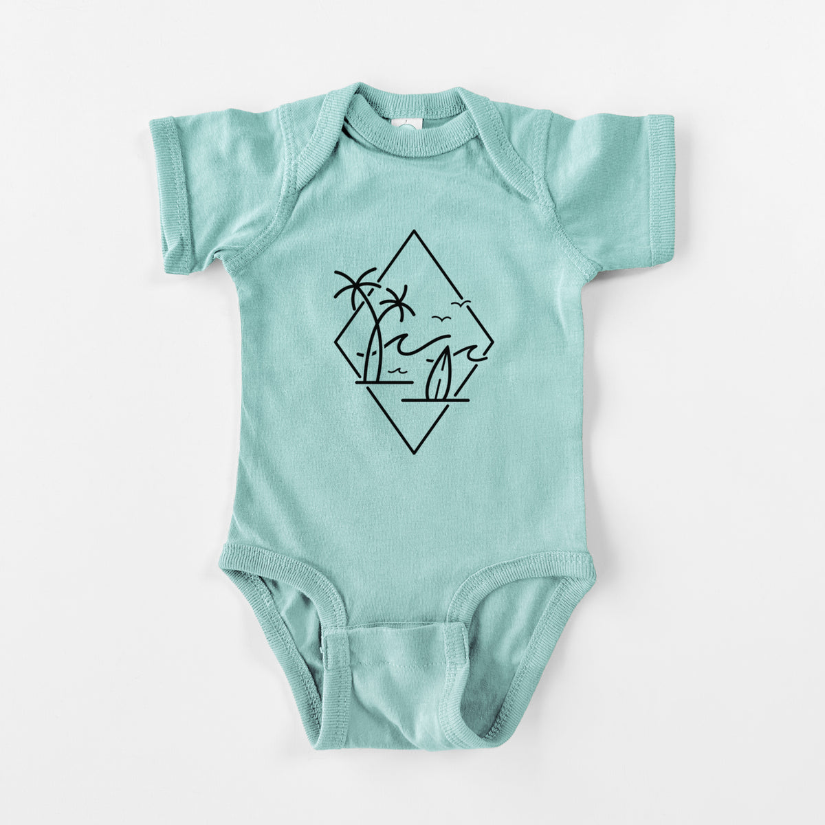 Saltwater baby bodysuit laid flat, printed with black line art of palm trees, ocean waves, birds and a surfboard inside a diamond outline.