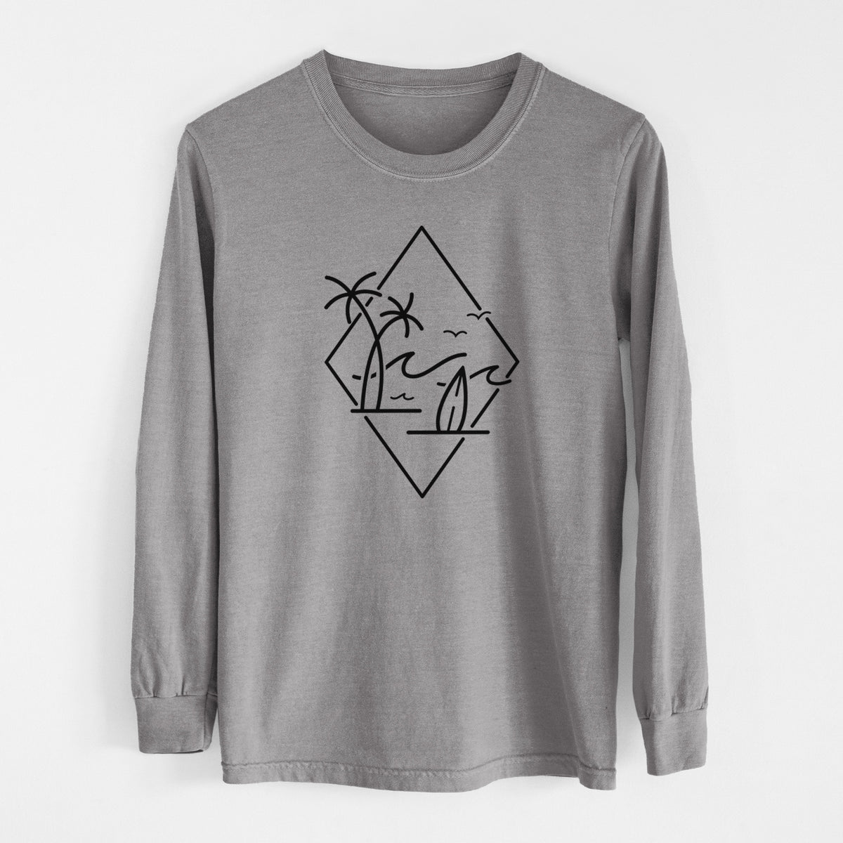 Grey Comfort Colors long sleeve shirt laid flat, printed with black line art of palm trees, ocean waves, birds and a surfboard inside a diamond outline.