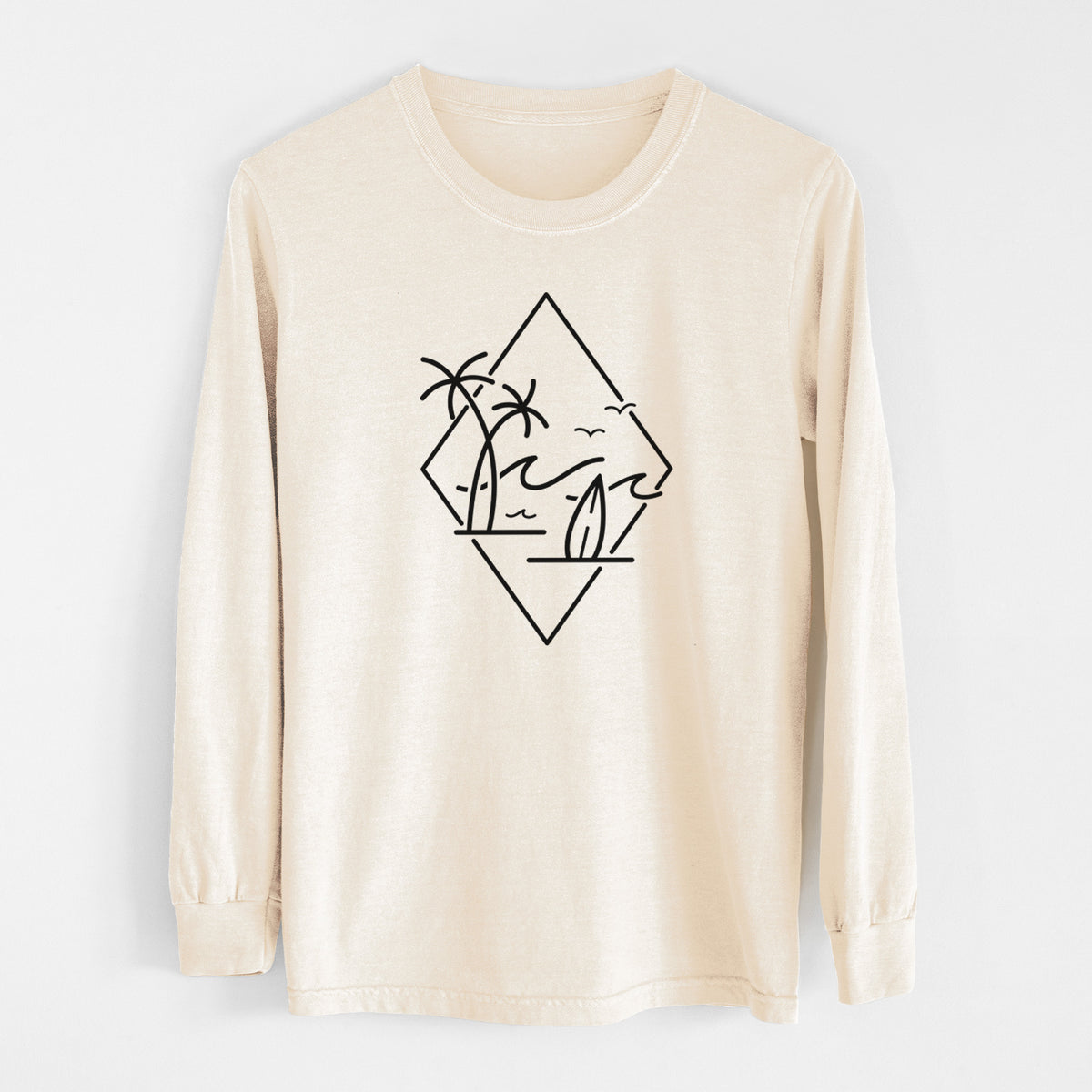 Ivory Comfort Colors long sleeve shirt laid flat, printed with black line art of palm trees, ocean waves, birds and a surfboard inside a diamond outline.