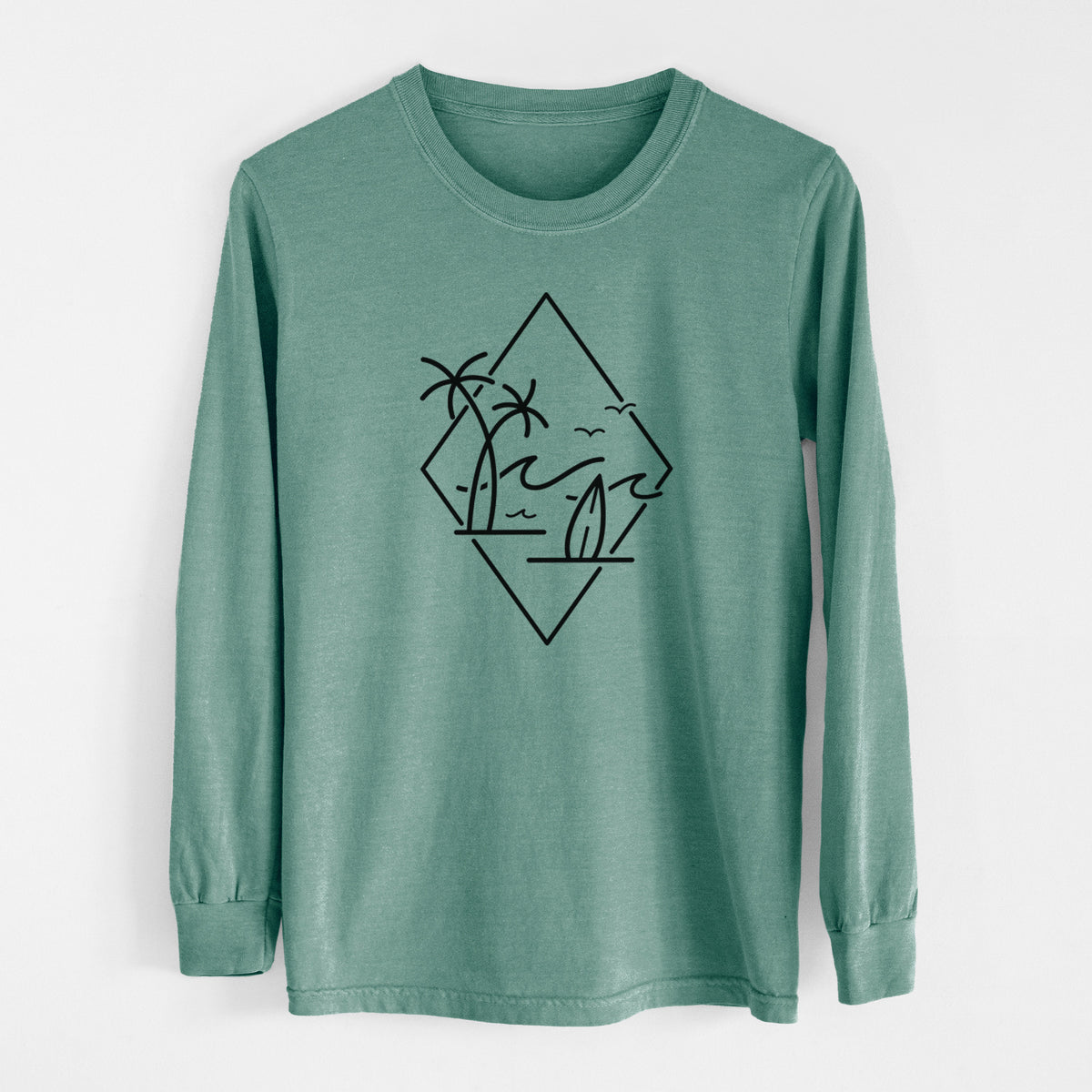 Pine green Comfort Colors long sleeve shirt laid flat, printed with black line art of palm trees, ocean waves, birds and a surfboard inside a diamond outline.