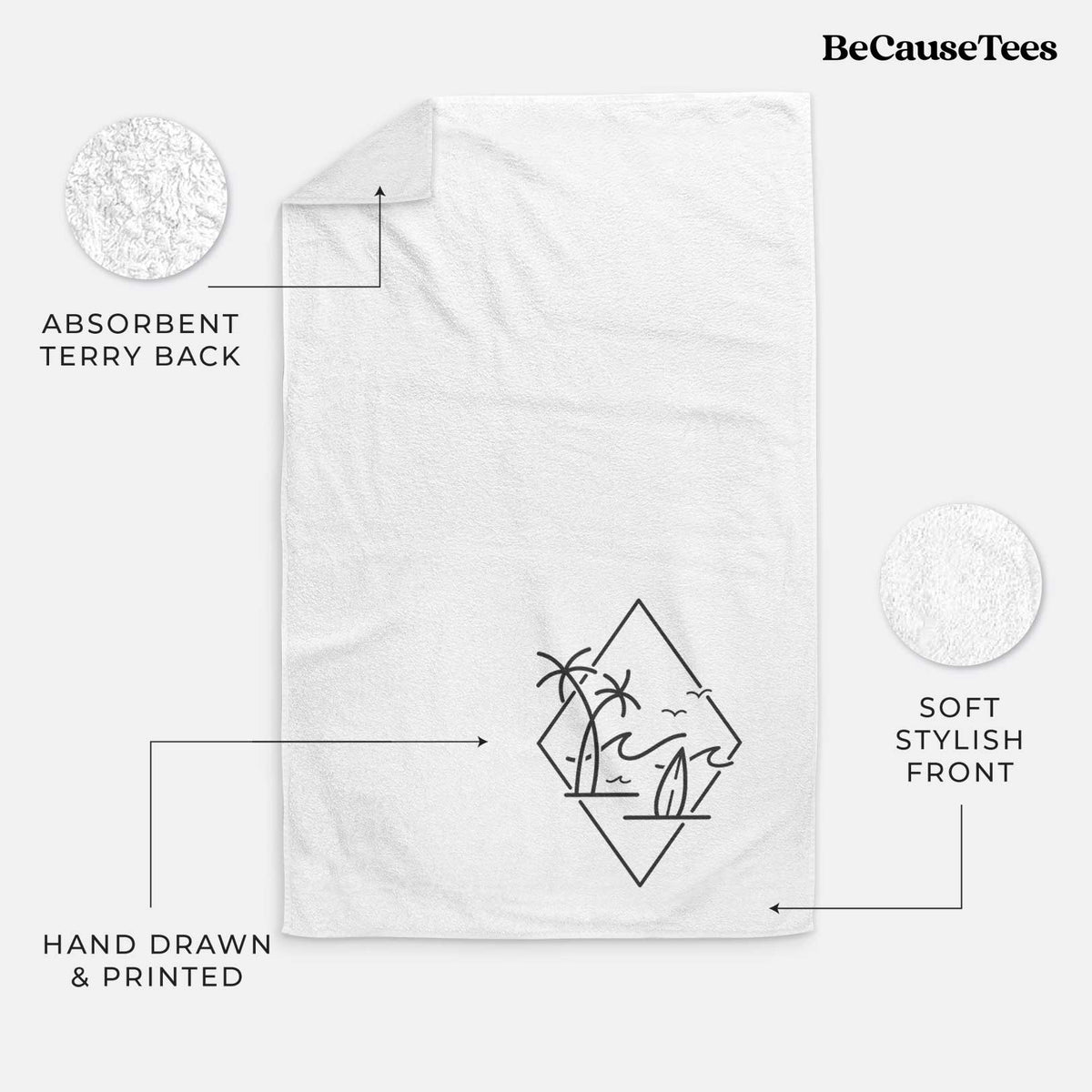 White hand towel printed with black line art of palm trees, ocean waves, birds and a surfboard inside a diamond outline.