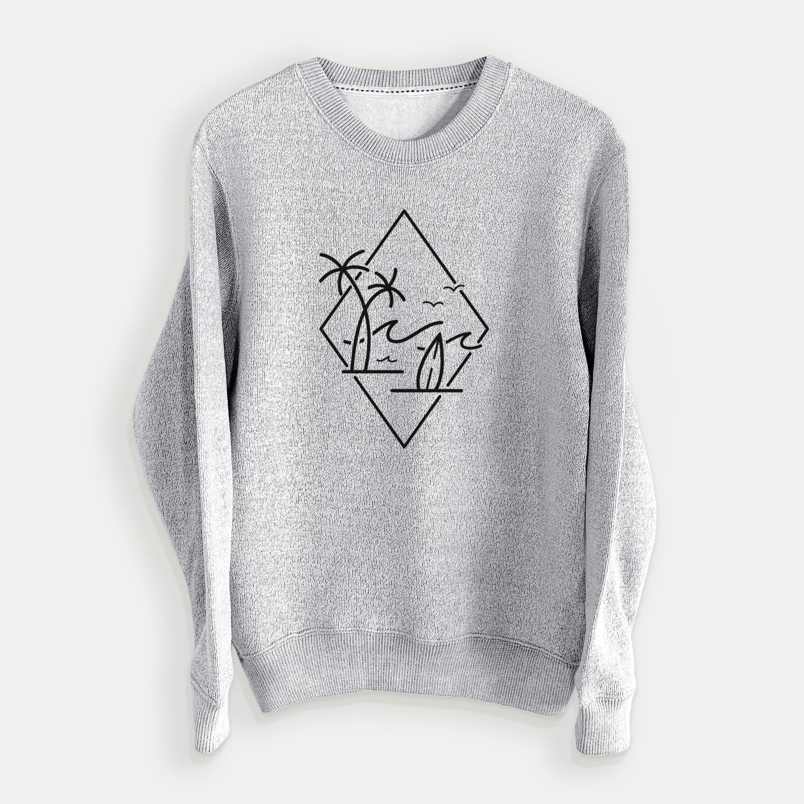 Salt and pepper knit sweatshirt laid flat, printed with black line art of palm trees, ocean waves, birds and a surfboard inside a diamond outline.