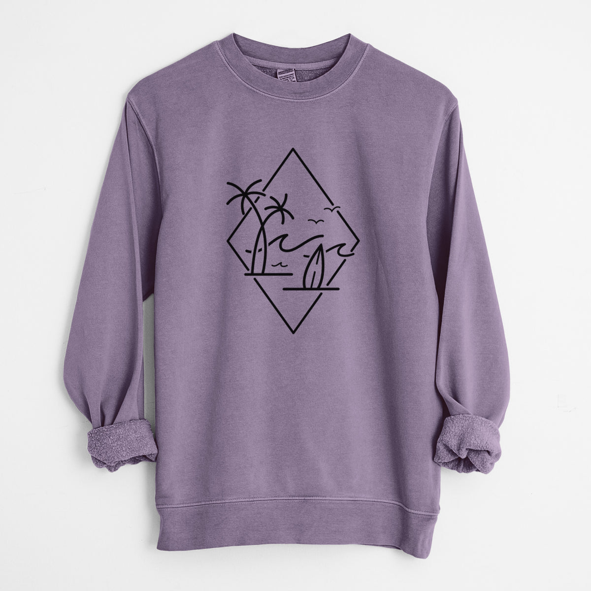 Plum purple pigment dyed crewneck sweatshirt laid flat with the sleeves rolled, printed with black line art of palm trees, ocean waves, birds and a surfboard inside a diamond outline.