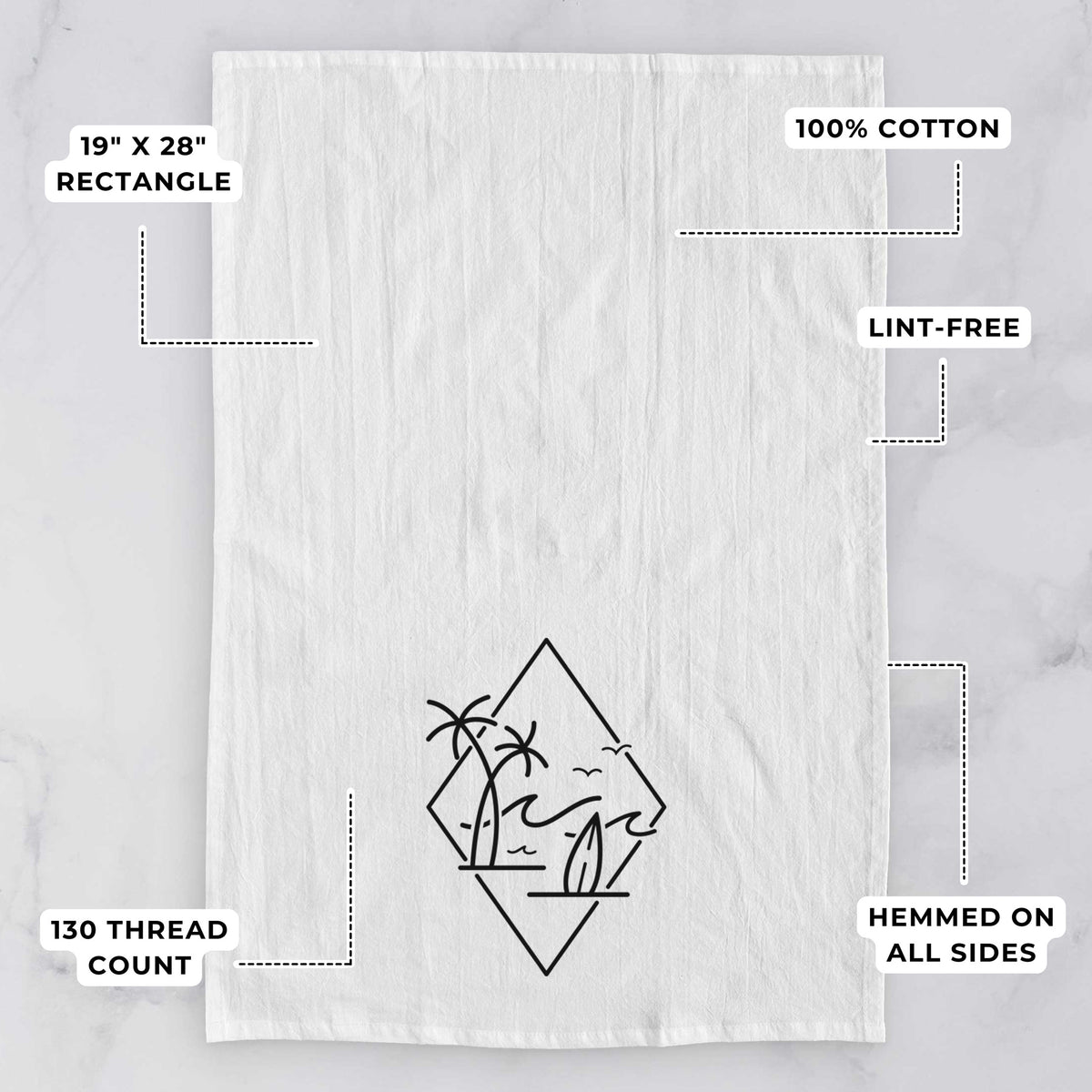 White tea towel printed with black line art of palm trees, ocean waves, birds and a surfboard inside a diamond outline, with feature labels: 19 by 28 inch rectangle, 100% cotton, lint-free, 130 thread count, hemmed on all sides.