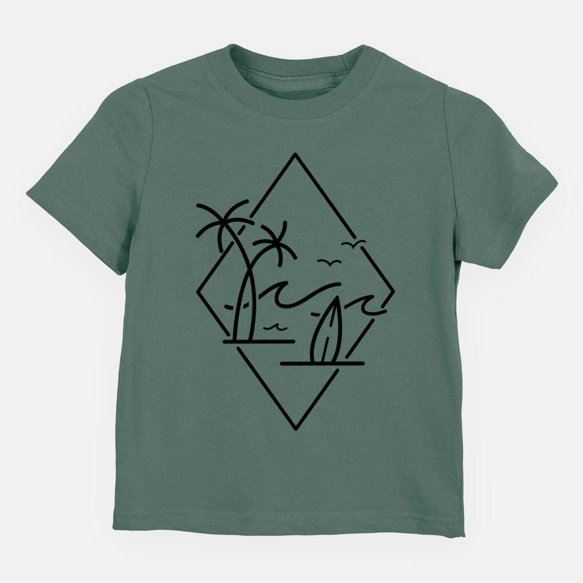 Basil green toddler t-shirt laid flat, printed with black line art of palm trees, ocean waves, birds and a surfboard inside a diamond outline.