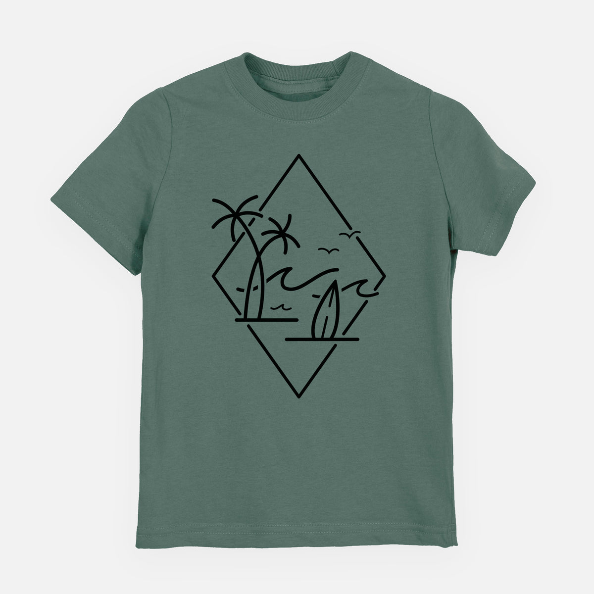 Basil green youth t-shirt laid flat, printed with black line art of palm trees, ocean waves, birds and a surfboard inside a diamond outline.