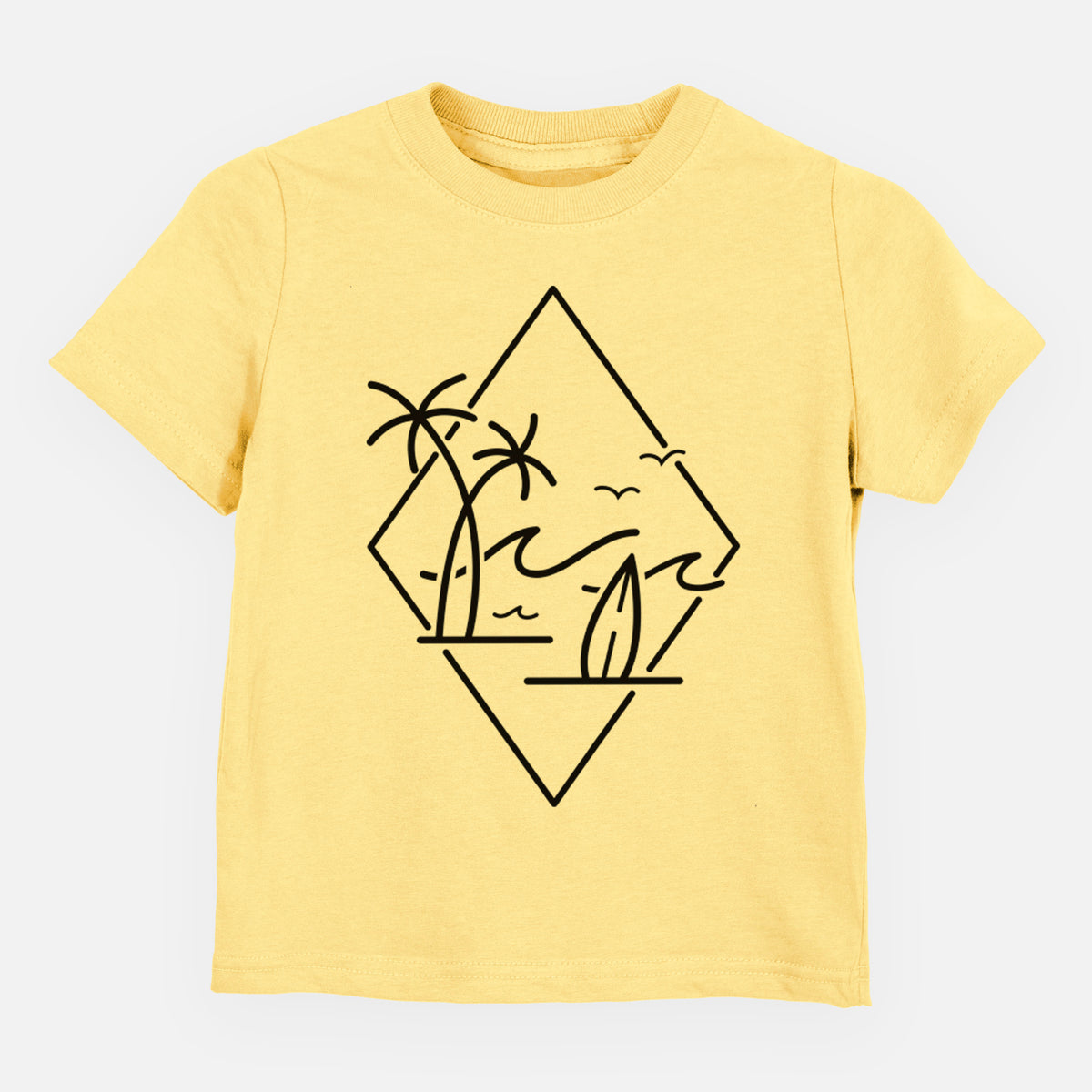 Butter yellow toddler t-shirt laid flat, printed with black line art of palm trees, ocean waves, birds and a surfboard inside a diamond outline.