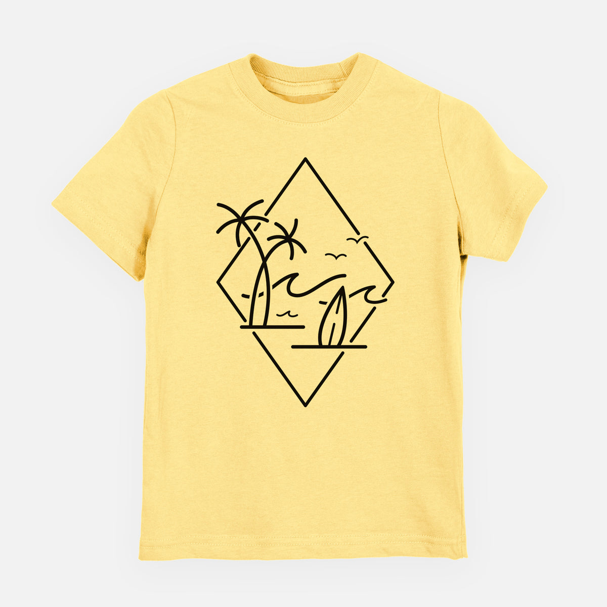 Butter yellow youth t-shirt laid flat, printed with black line art of palm trees, ocean waves, birds and a surfboard inside a diamond outline.