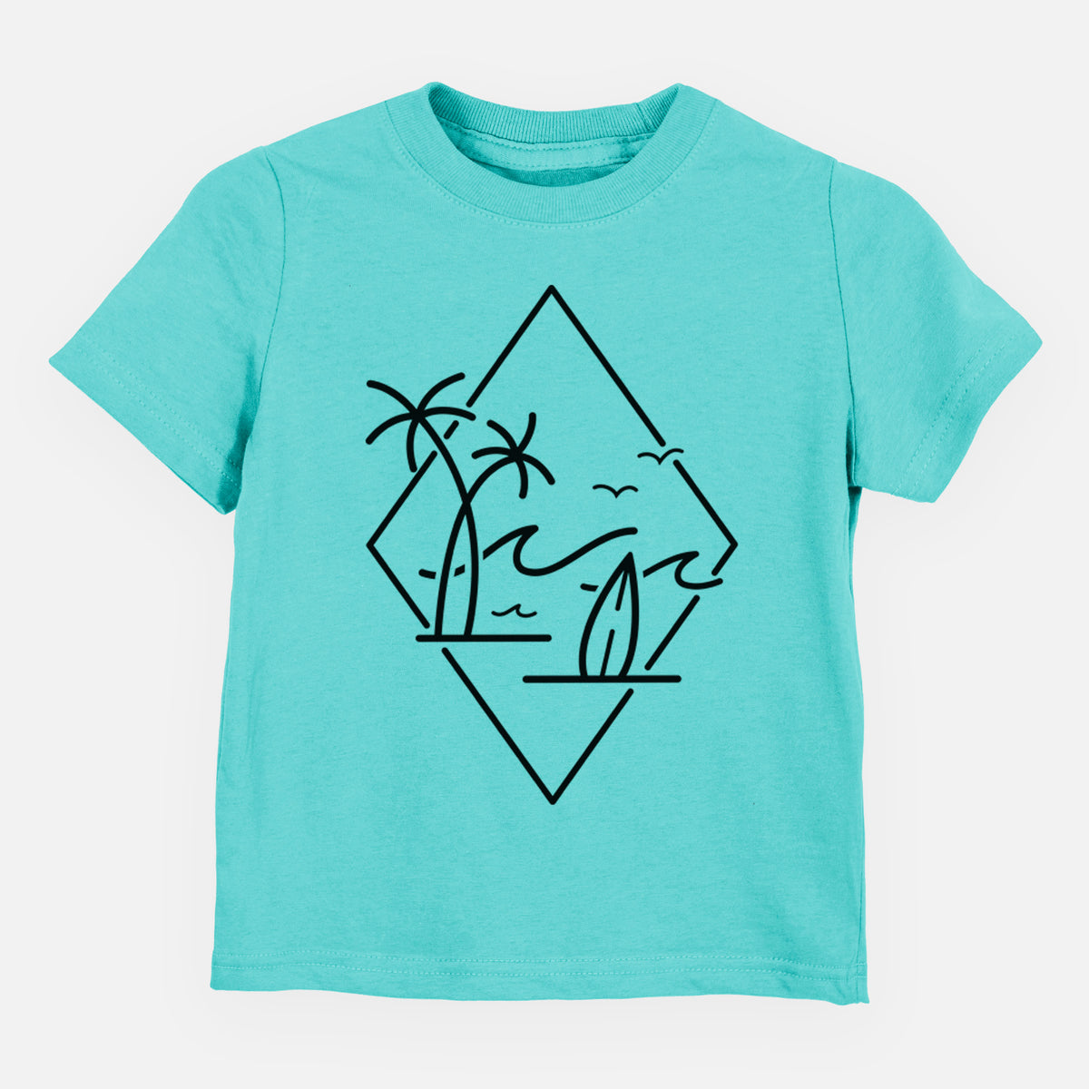 Caribbean blue toddler t-shirt laid flat, printed with black line art of palm trees, ocean waves, birds and a surfboard inside a diamond outline.