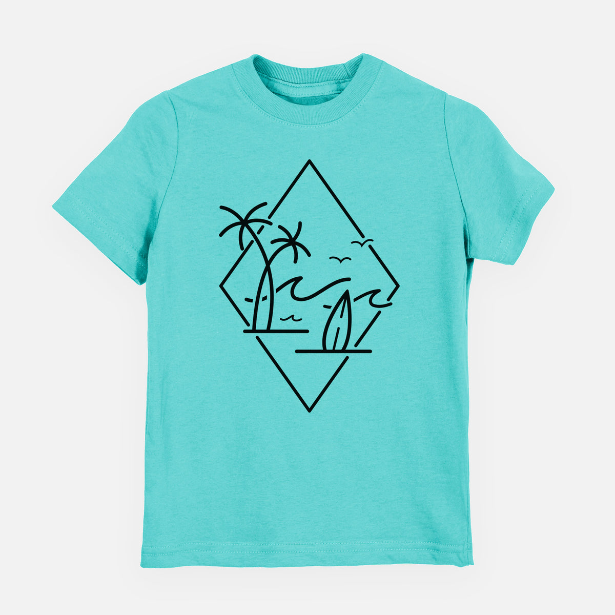 Caribbean blue youth t-shirt laid flat, printed with black line art of palm trees, ocean waves, birds and a surfboard inside a diamond outline.
