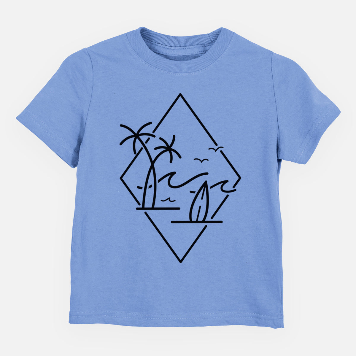 Carolina blue toddler t-shirt laid flat, printed with black line art of palm trees, ocean waves, birds and a surfboard inside a diamond outline.