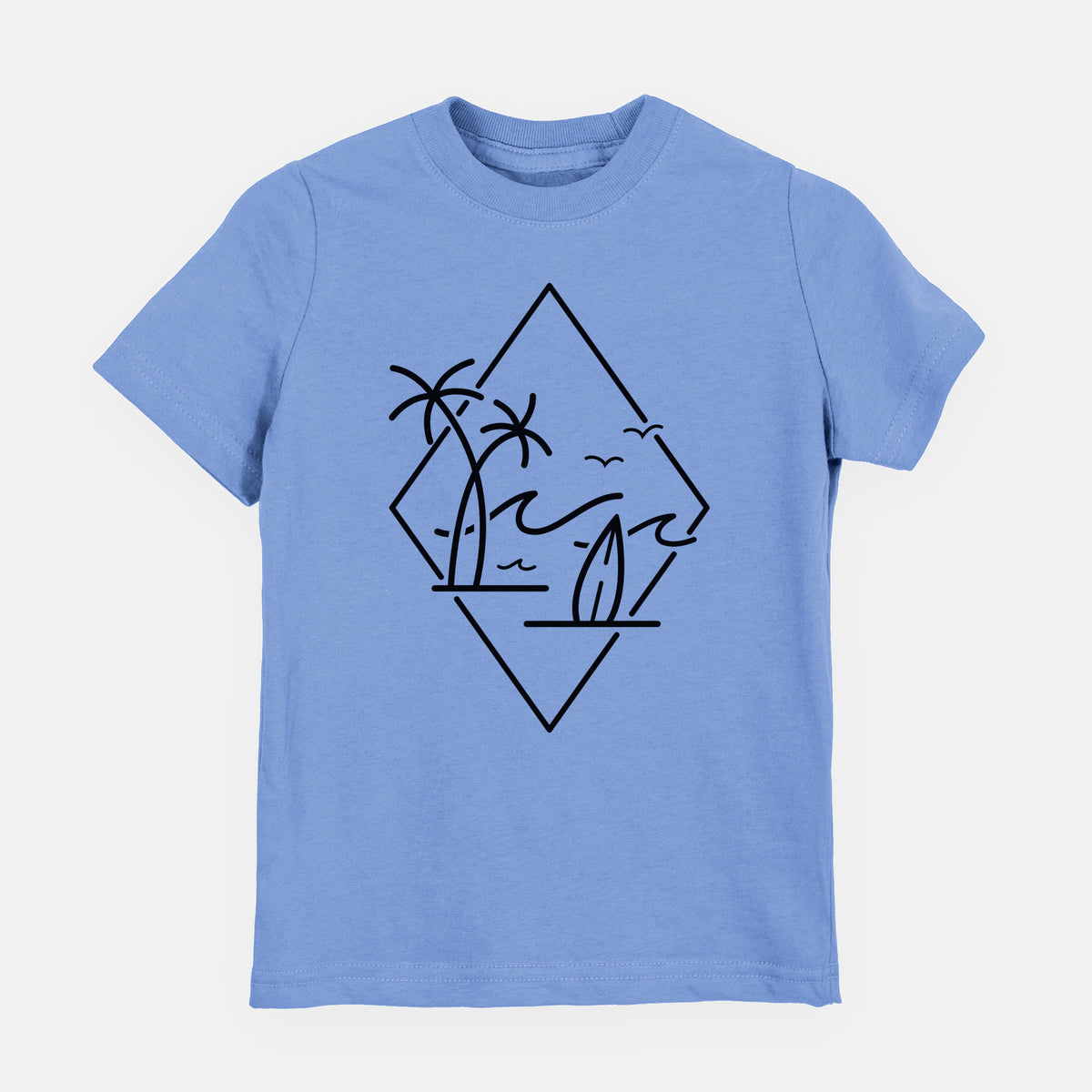 Carolina blue youth t-shirt laid flat, printed with black line art of palm trees, ocean waves, birds and a surfboard inside a diamond outline.