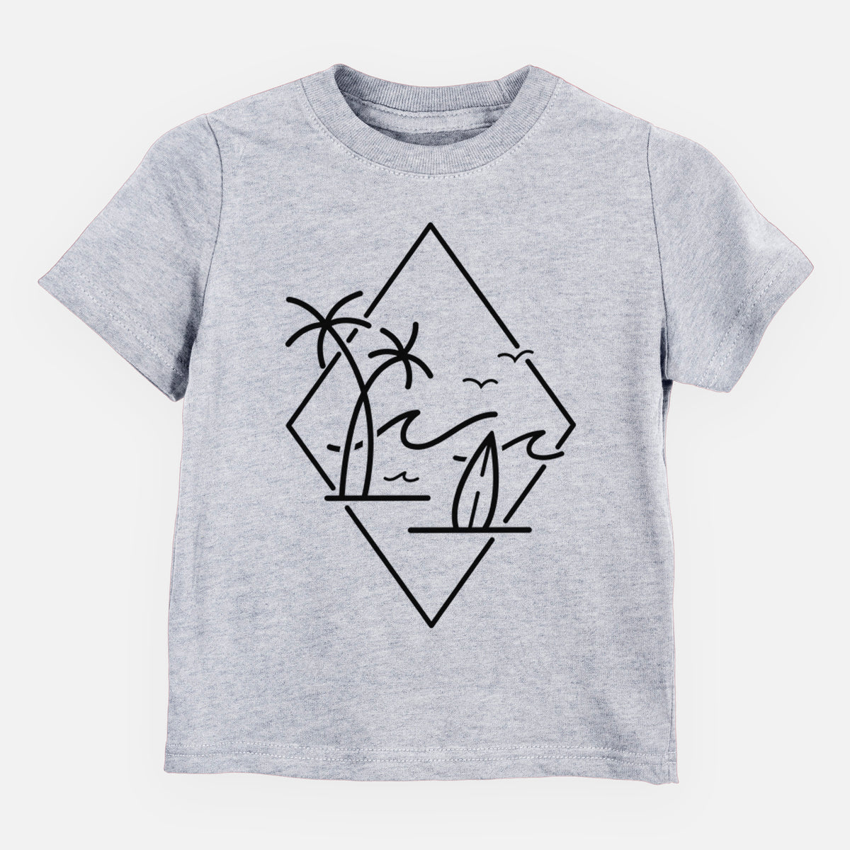 Heather grey toddler t-shirt laid flat, printed with black line art of palm trees, ocean waves, birds and a surfboard inside a diamond outline.