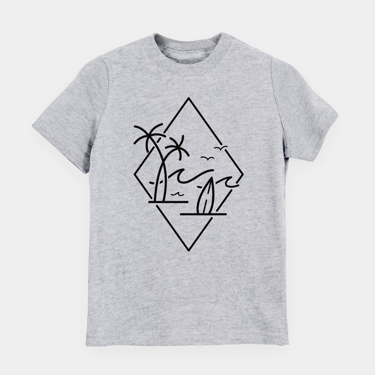Heather grey youth t-shirt laid flat, printed with black line art of palm trees, ocean waves, birds and a surfboard inside a diamond outline.