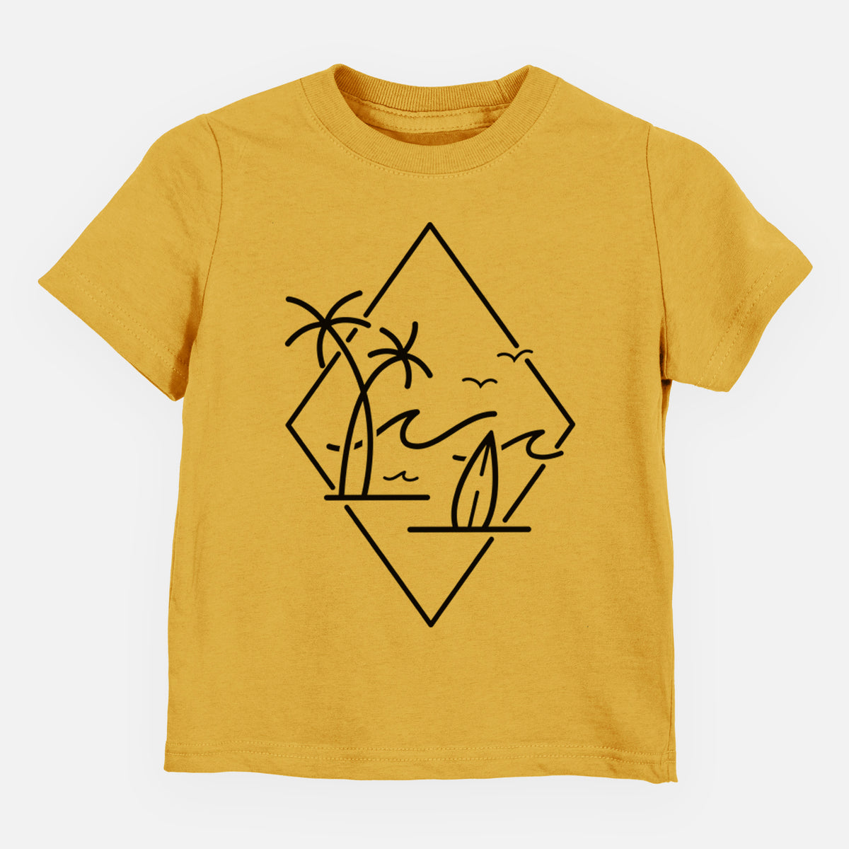 Honeycomb yellow toddler t-shirt laid flat, printed with black line art of palm trees, ocean waves, birds and a surfboard inside a diamond outline.