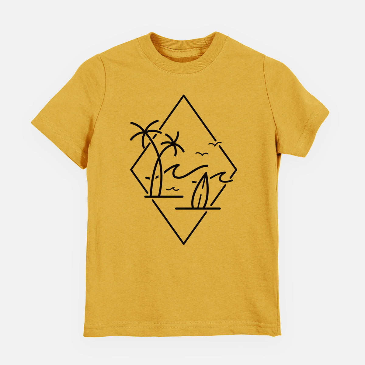 Honeycomb yellow youth t-shirt laid flat, printed with black line art of palm trees, ocean waves, birds and a surfboard inside a diamond outline.