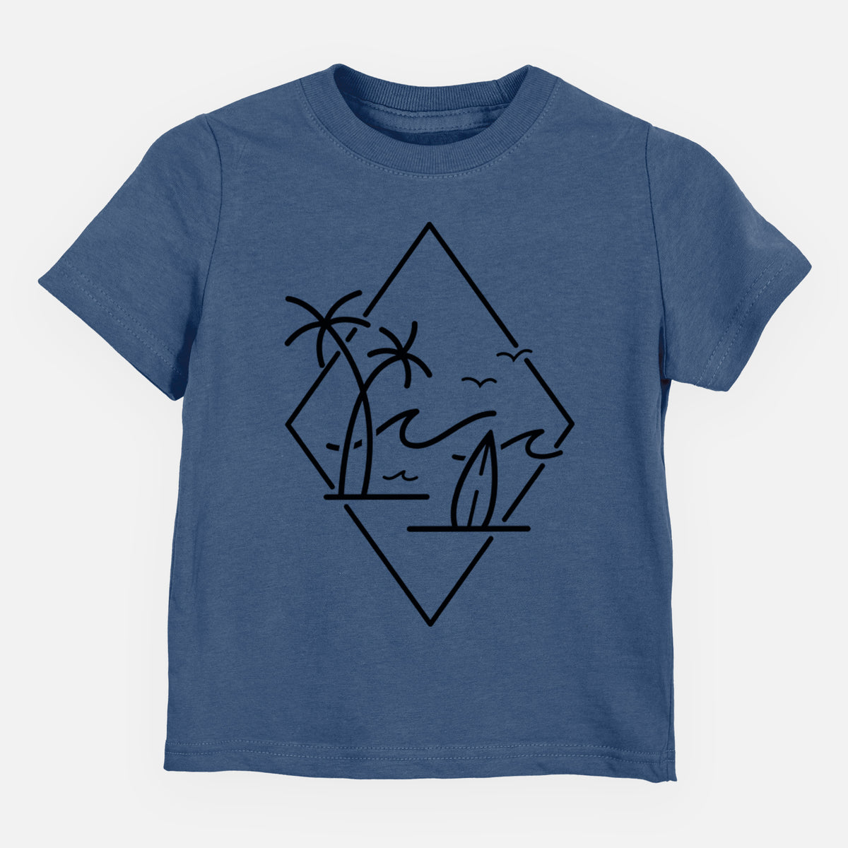 Indigo blue toddler t-shirt laid flat, printed with black line art of palm trees, ocean waves, birds and a surfboard inside a diamond outline.