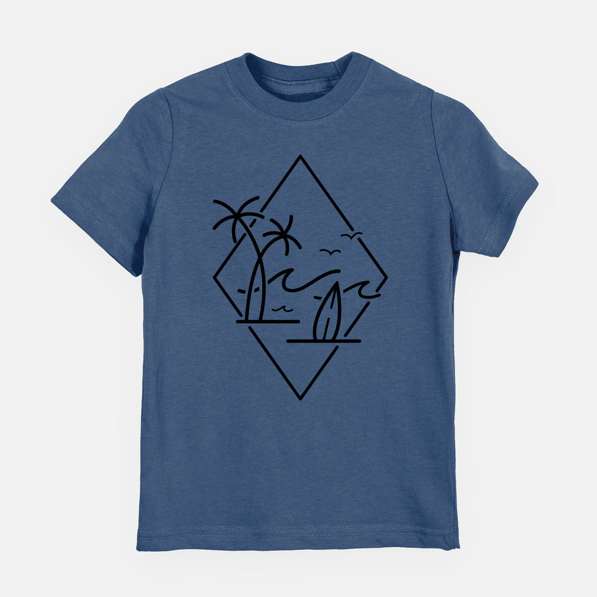 Indigo blue youth t-shirt laid flat, printed with black line art of palm trees, ocean waves, birds and a surfboard inside a diamond outline.