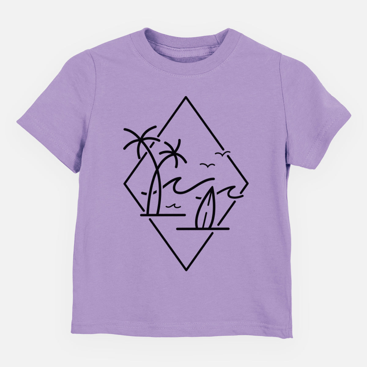 Lavender toddler t-shirt laid flat, printed with black line art of palm trees, ocean waves, birds and a surfboard inside a diamond outline.